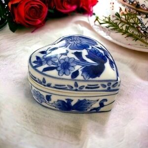 Blue White Porcelain Heart Box 3" Enameled Hand Painted Floral Lid China Trinket